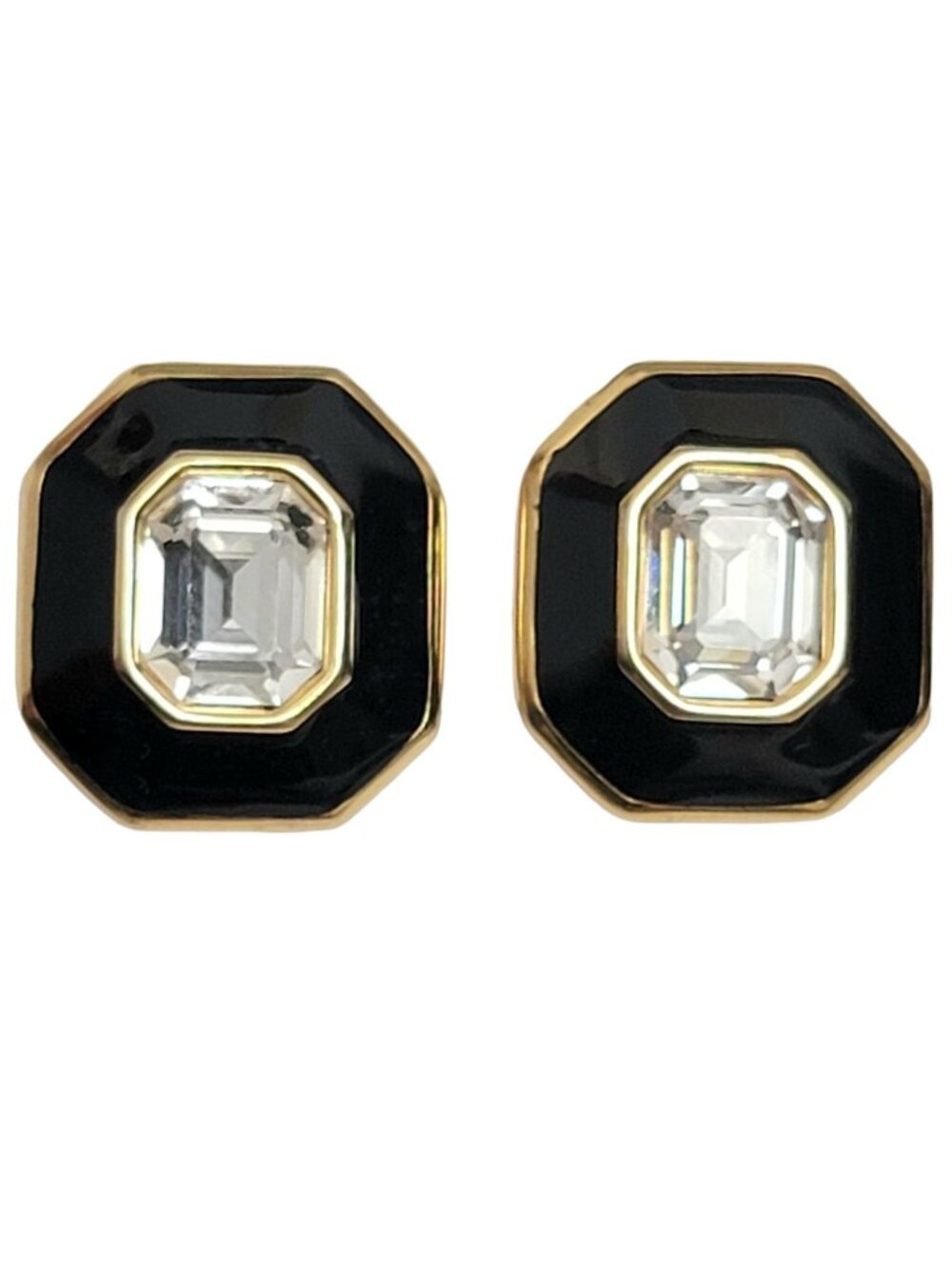 Monet Black Enamel Clear Crystal Faceted Rhinestone Center Clip-On Earrings